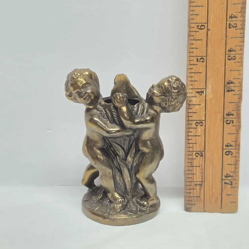 Vintage Metal Bronze Brass Cherub Cupid Gold Tone Candle Stick Holder Romantic